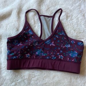 Burgundy floral print racer back sports bra, NWOT!